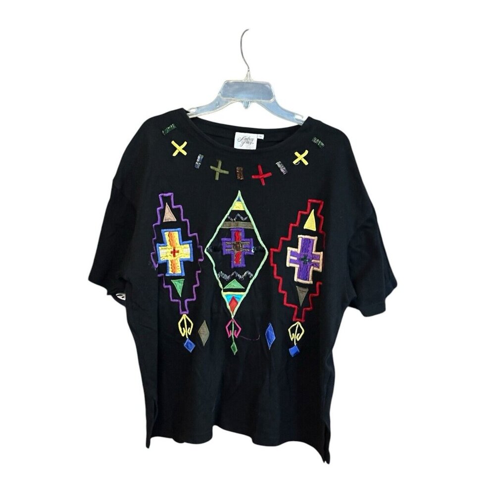 Vintage Audrey Jones Women’s Black Boxy Top Embroidered Cross Side Slit 90s READ